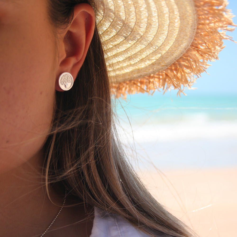 Boab Tree solid stud earrings in 925 sterling silver with raised tree detail designed in Broome Western Australia